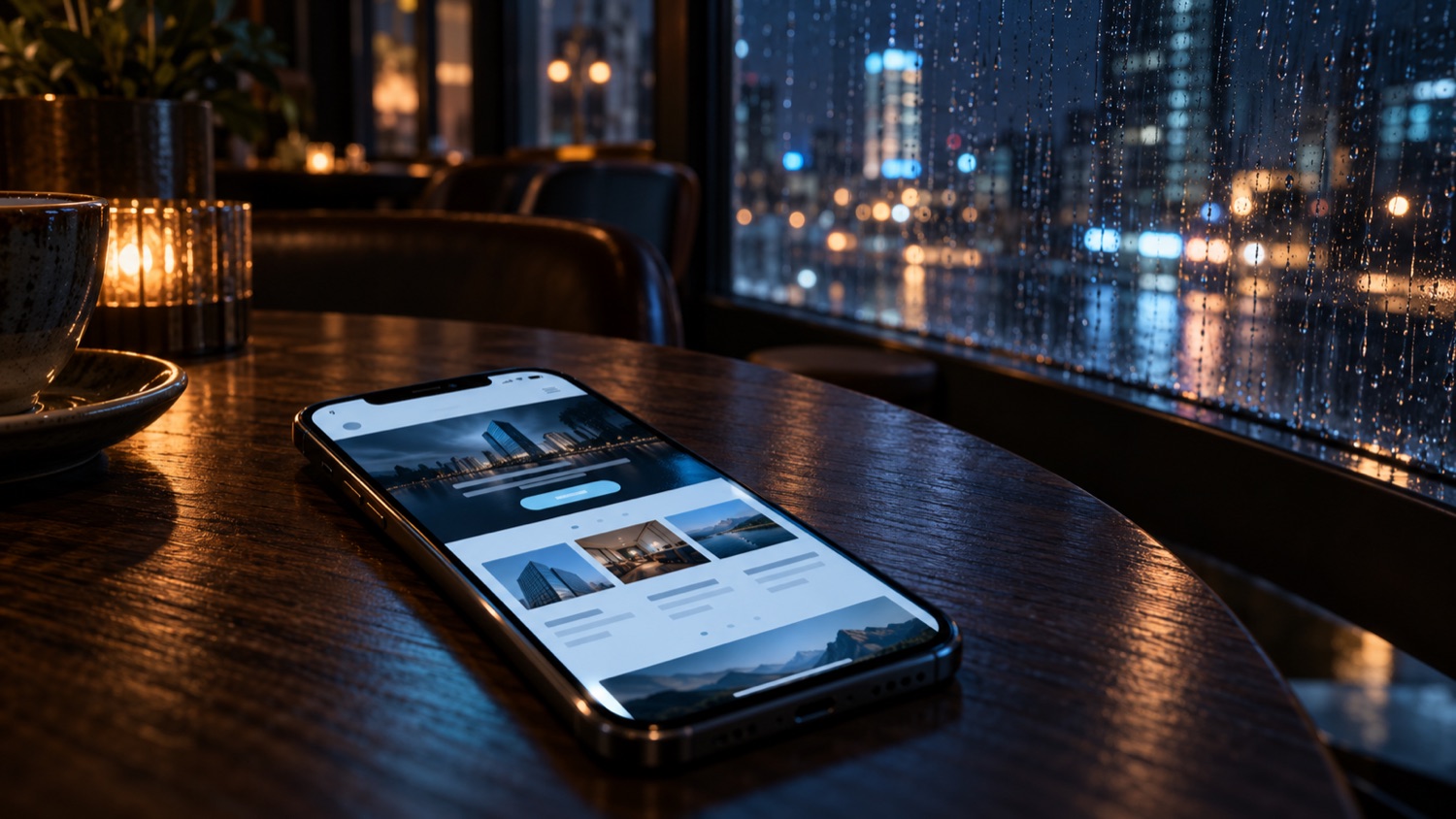 A phone on a cafe table at night showing a small business website, with a rain-covered window and city lights behind it