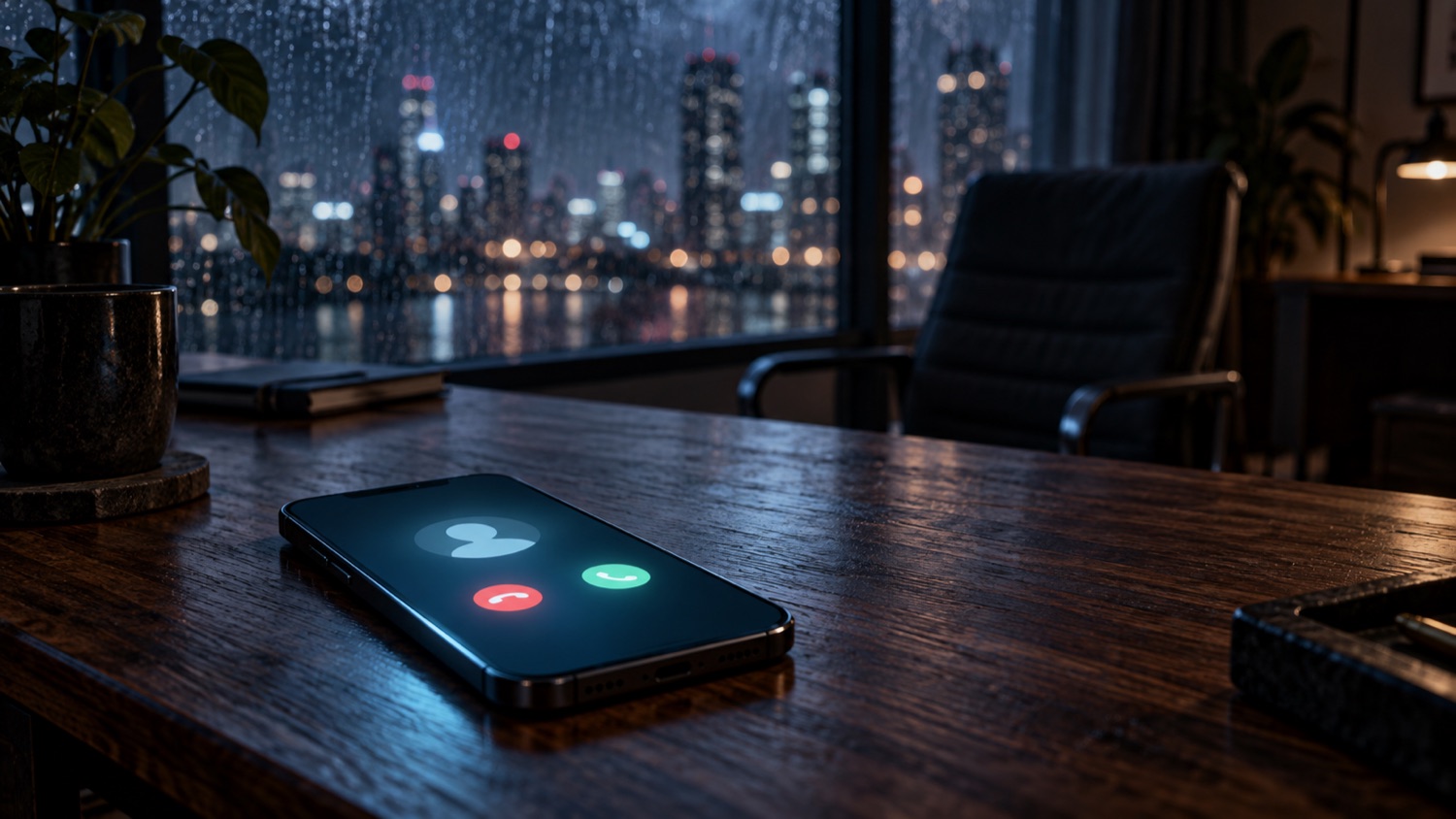 A phone ringing with an incoming call on an empty desk at night, with an empty chair and a rain-covered city window behind it