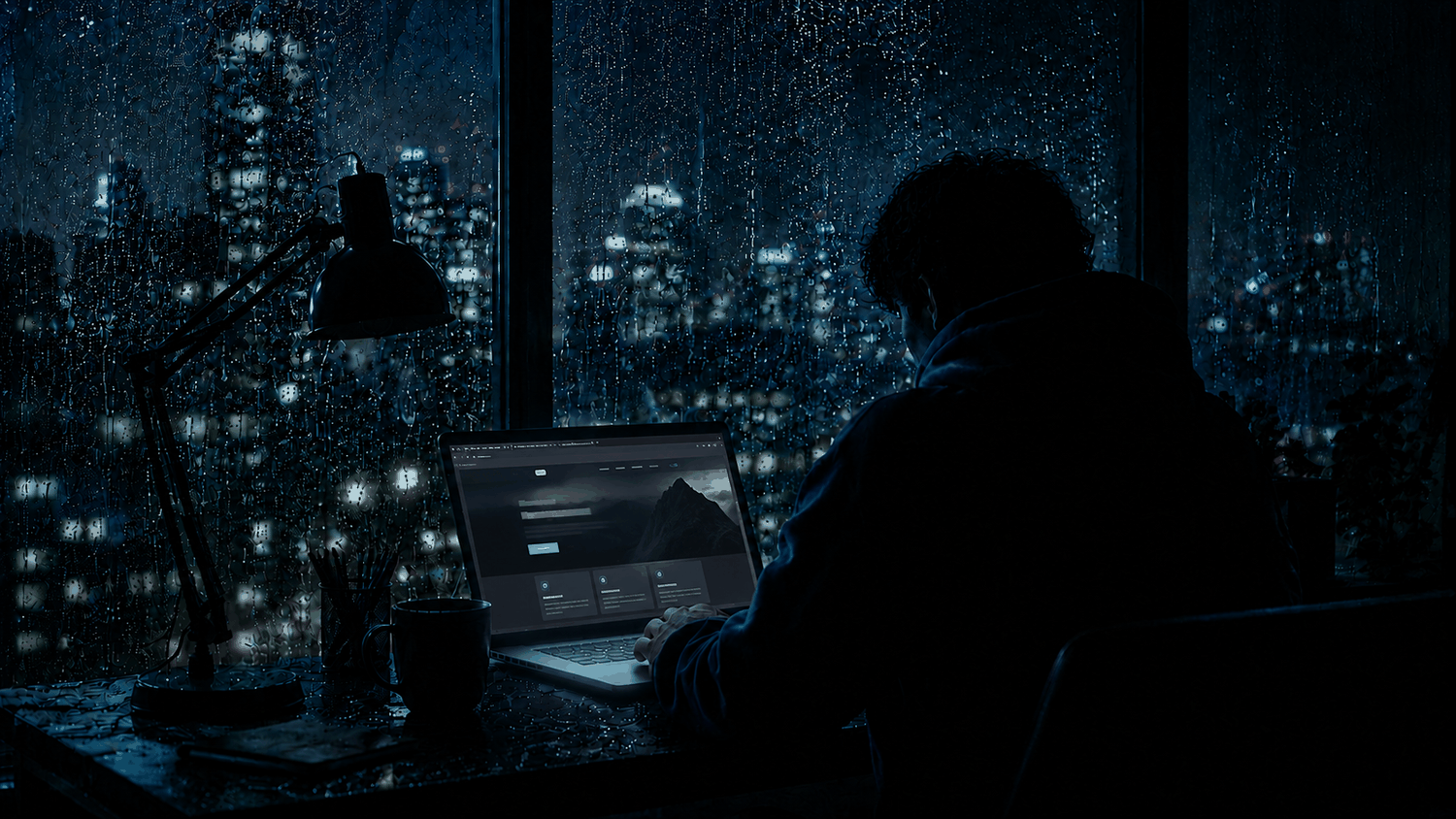 Working late on a laptop at a desk by a rain-covered window, city lights glowing behind